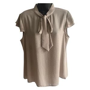 Preppy Tie Neck Blouse L Shannon Ford NY‎ Beige Gold Dot Sleeveless Career Top